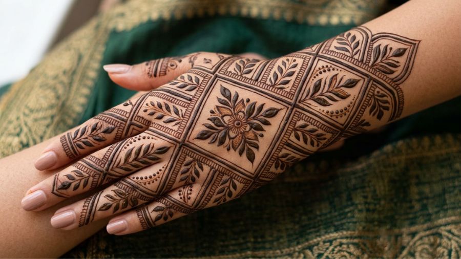 Arabic-Style Geometric Leaf Grid Mehndi Design