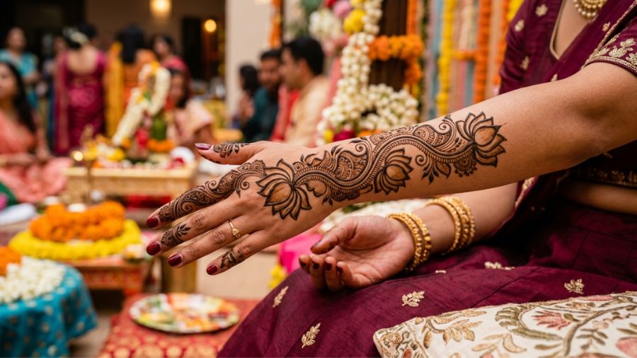 Bold Lotus Trail Mehndi Design