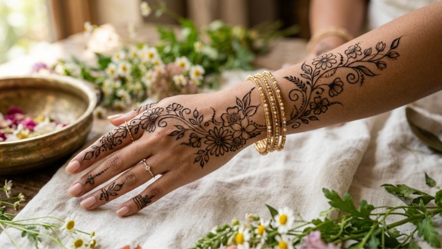 Elegant Wildflower Bel mehndi design