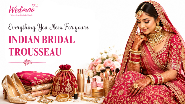 Indian bridal trousseau featuring wedding outfits, jewelry, accessories, footwear, and beauty essentials for a bride.