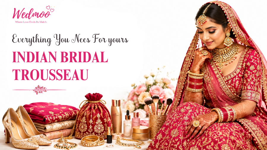 Indian bridal trousseau featuring wedding outfits, jewelry, accessories, footwear, and beauty essentials for a bride.