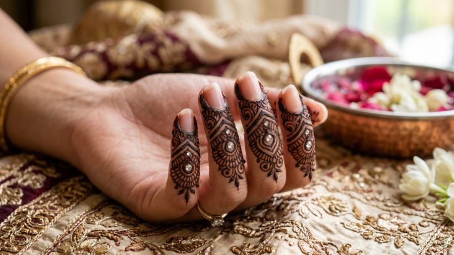 Finger Tip Jewelled Design Mehndi Design