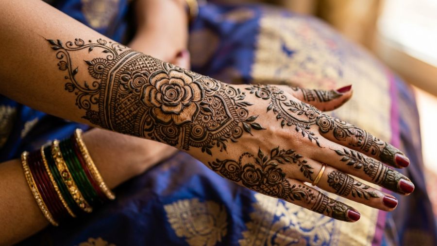 Intricate Rose Cuff Bel Mehndi Design