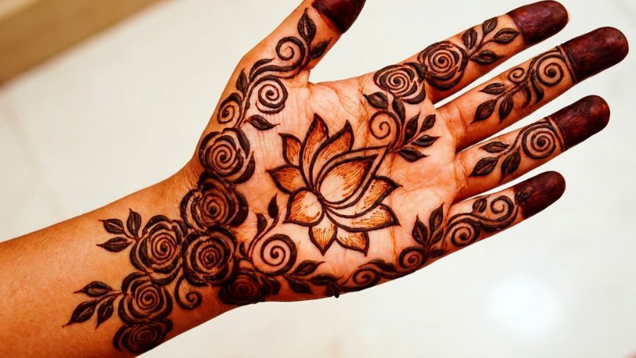 Lotus Centerpiece and Rose Vines Mehndi Design