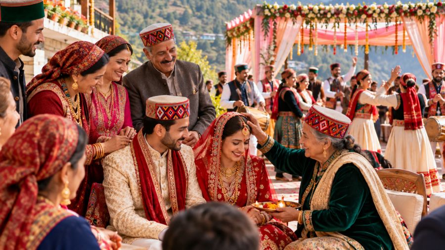 Himachali wedding celebration with the bride and groom surrounded by family and relatives, traditional attire, blessings, music, Nati dance, and a decorated wedding venue against the Himalayan mountains.