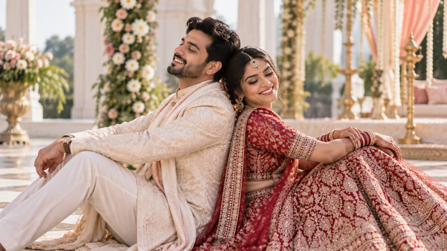 Bride and groom posing back-to-back in a Bollywood-inspired lean