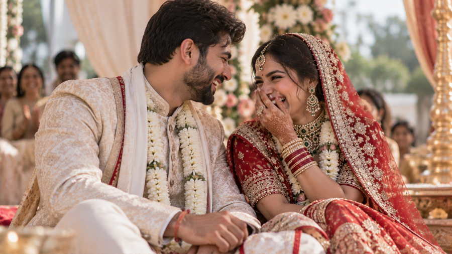 Indian wedding couple laughing naturally together