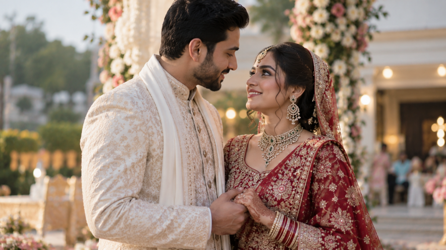 Bride and groom sharing a classic eye contact wedding pose
