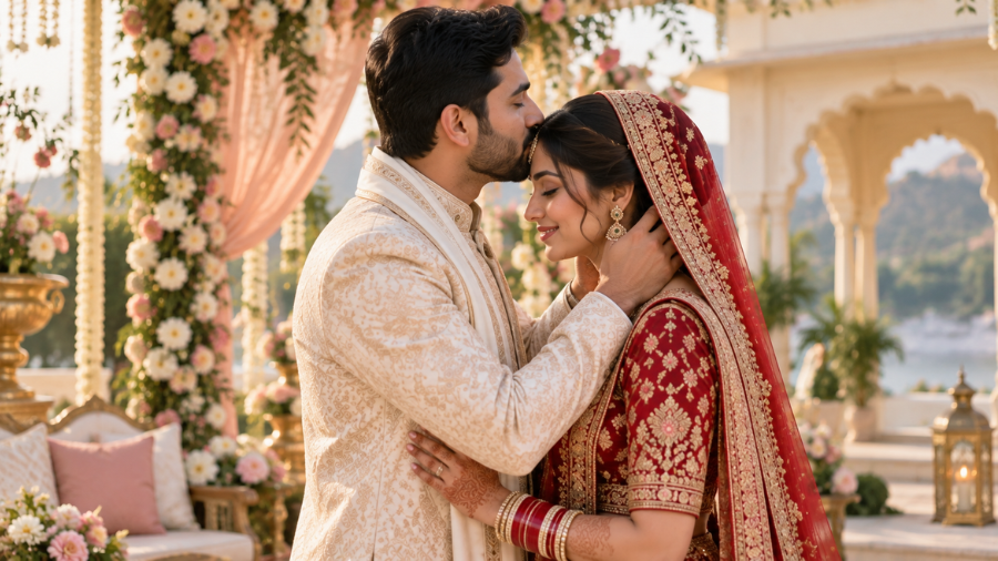 Couple sharing a romantic forehead kiss at their wedding