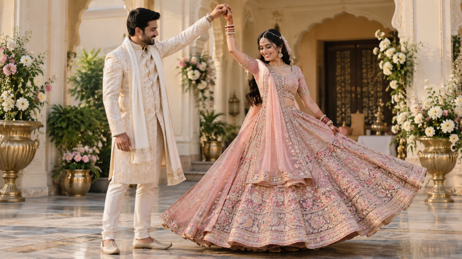 Bride and groom performing the elegant Lehesa Swirl wedding photography pose.