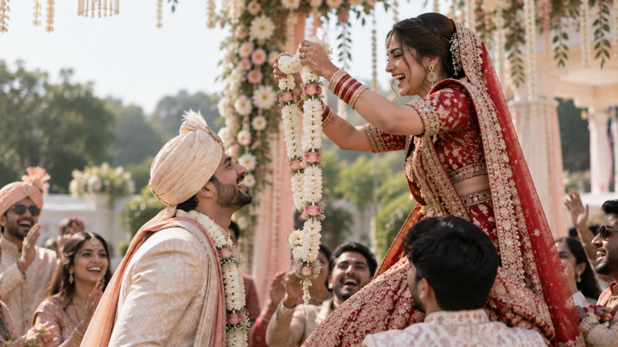 Bride and groom enjoying a playful varmala lift at their wedding
