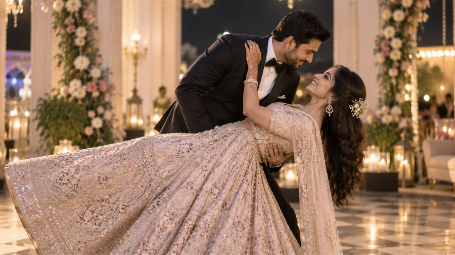 Bride and groom posing in a romantic reverse prom position