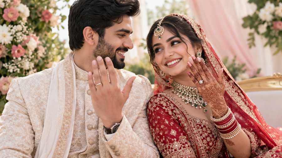 Bride showcasing her wedding ring and mehendi design