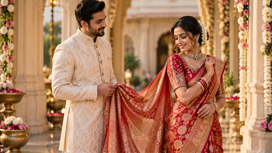 Indian bride posing gracefully while holding saree pallu