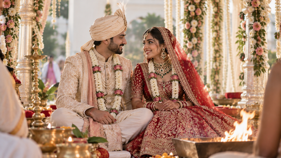 Bride and groom seated together under the wedding mandap