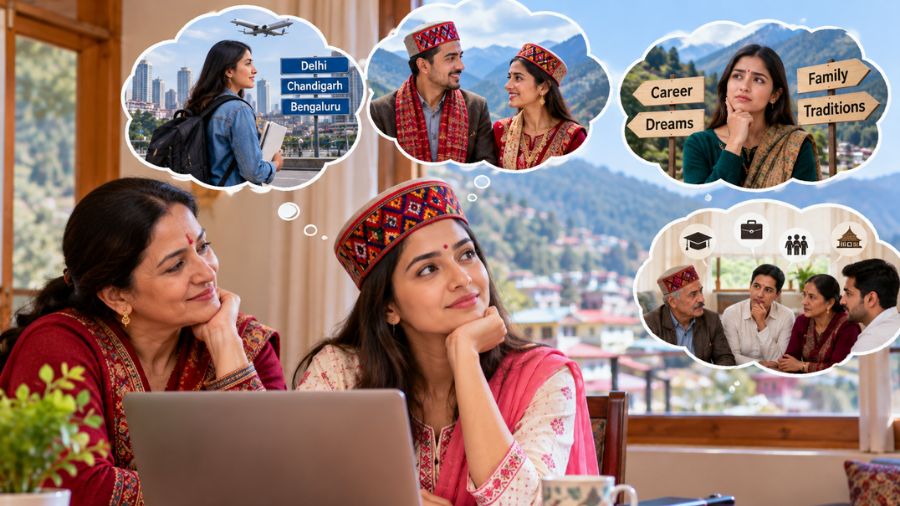 Young Himachali woman exploring matrimonial options online with her mother, reflecting on career, family traditions, cultural values, and finding a suitable life partner.
